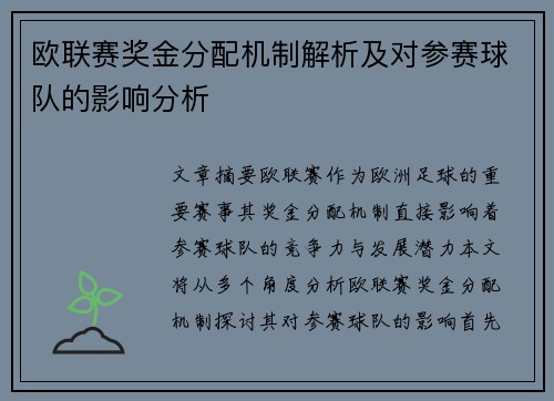 欧联赛奖金分配机制解析及对参赛球队的影响分析